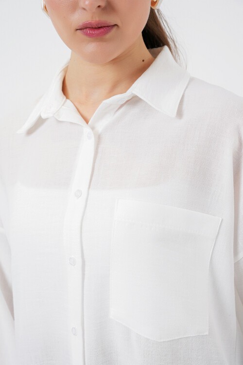 Tek Cepli Oversize Keten Gömlek - Beyaz