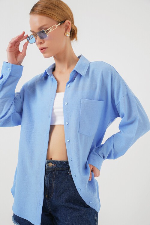 Tek Cepli Oversize Keten Gömlek - Mavi