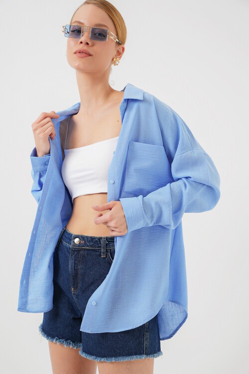Tek Cepli Oversize Keten Gömlek - Mavi
