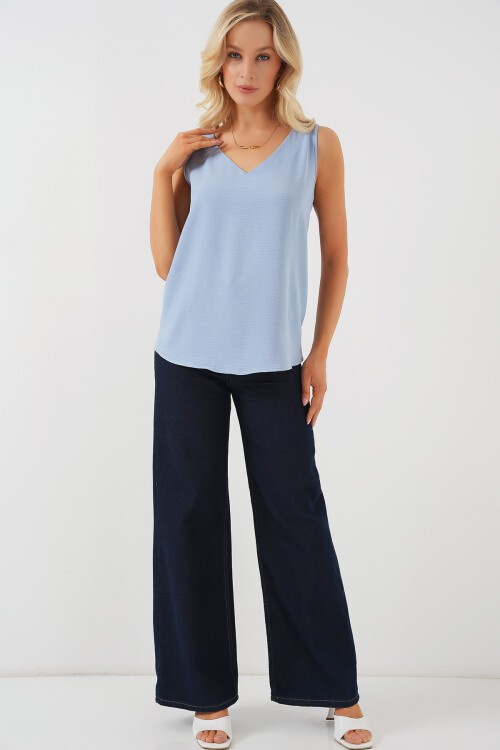 Merterium V Yaka Sıfır Kol Bluz 950 - Mavi