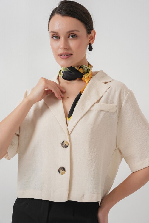 0706 Crop Keten Ceket - M. Krem