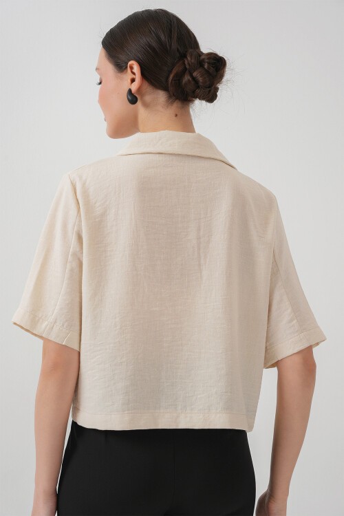 0706 Crop Keten Ceket - M. Krem