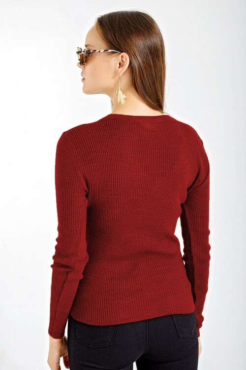 10297 Düğmeli Triko Hırka - Bordo