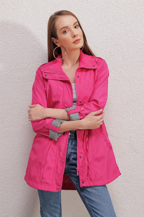 10322 Beli Büzgülü Trençkot - Fuşya