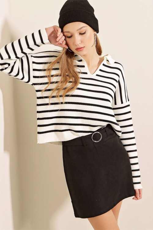 15767 Polo Yaka Triko Kazak - Beyaz