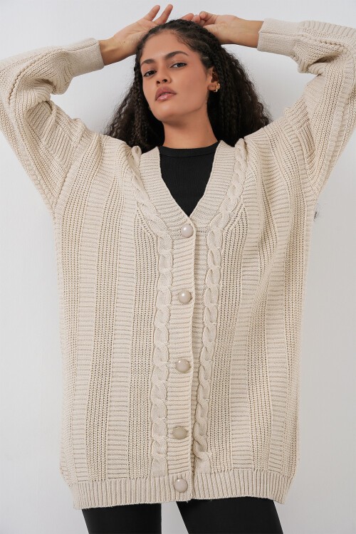 15768 Tesettür Triko Hırka - M. Krem