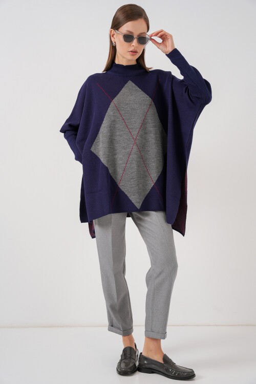 15783 Yırtmaçlı Panço Kazak - B.Lacivert