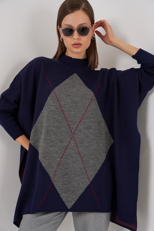 15783 Yırtmaçlı Panço Kazak - B.Lacivert