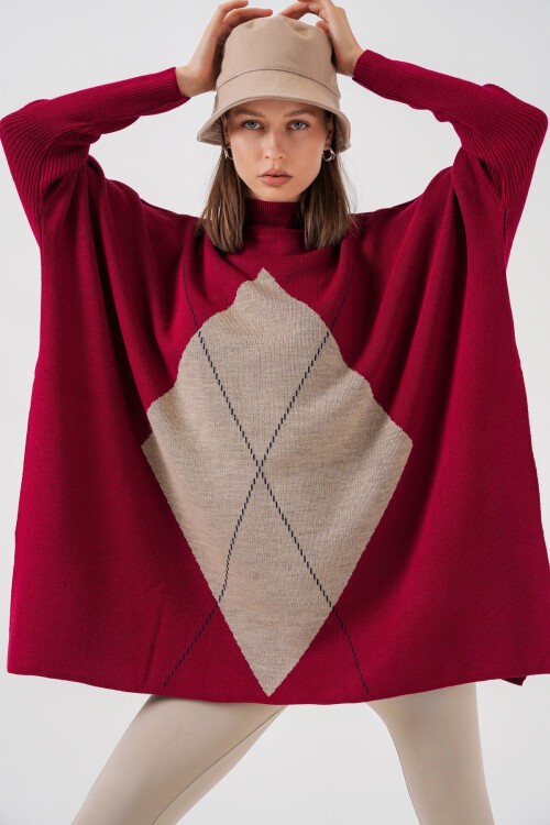 15783 Yırtmaçlı Panço Kazak - C. Bordo