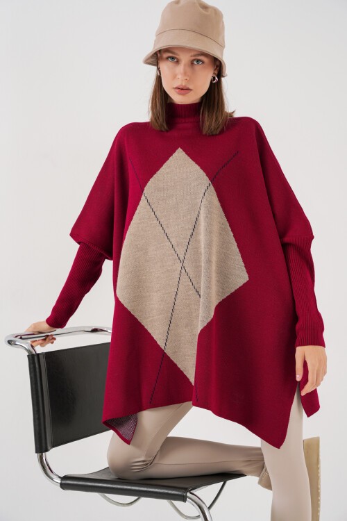 15783 Yırtmaçlı Panço Kazak - C. Bordo