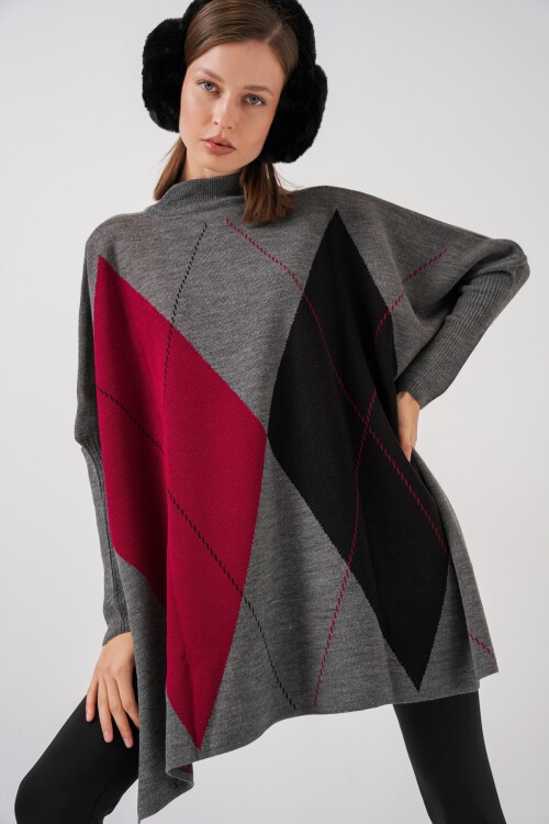 15783 Yırtmaçlı Panço Kazak - C.Gri