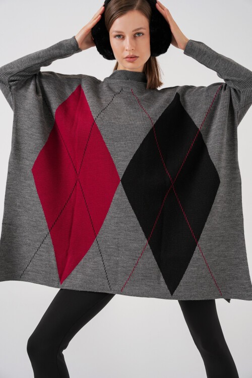 15783 Yırtmaçlı Panço Kazak - C.Gri