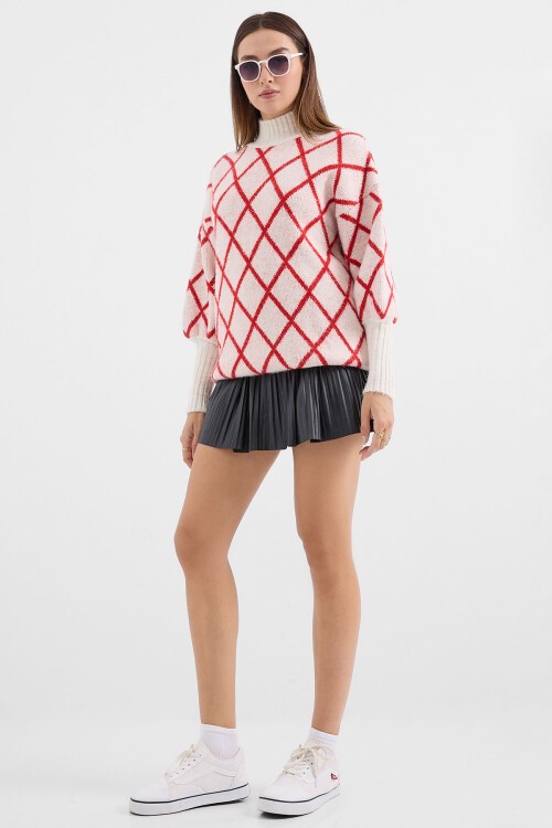 15889 Balıkçı Yaka Oversize Triko Kazak - Kırmızı