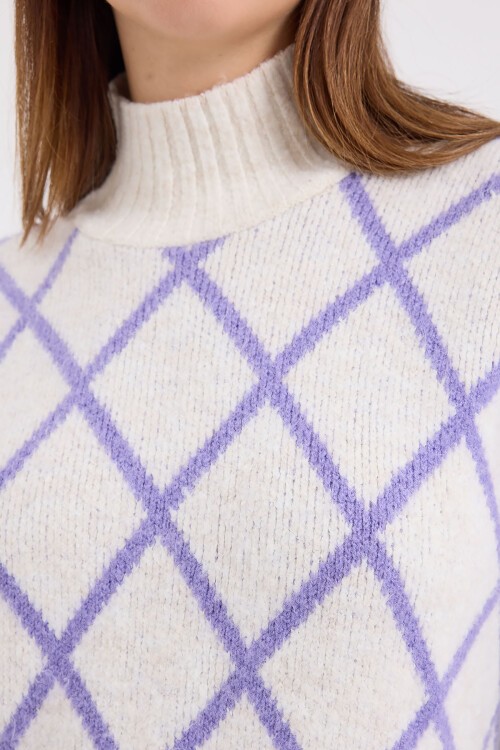 15889 Balıkçı Yaka Oversize Triko Kazak - Lila