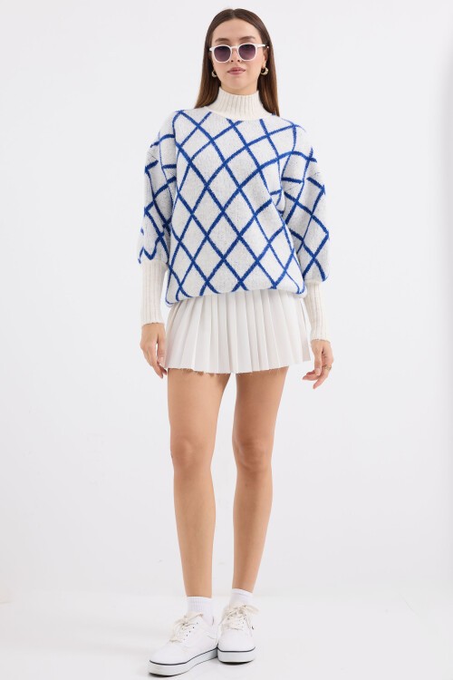 15889 Balıkçı Yaka Oversize Triko Kazak - Saks