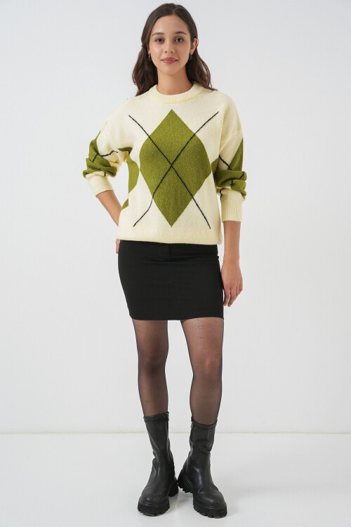 15895 Baklava Desenli Oversize Triko Kazak - Açık Sarı