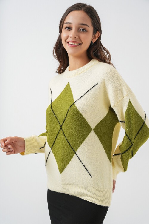 15895 Baklava Desenli Oversize Triko Kazak - Açık Sarı