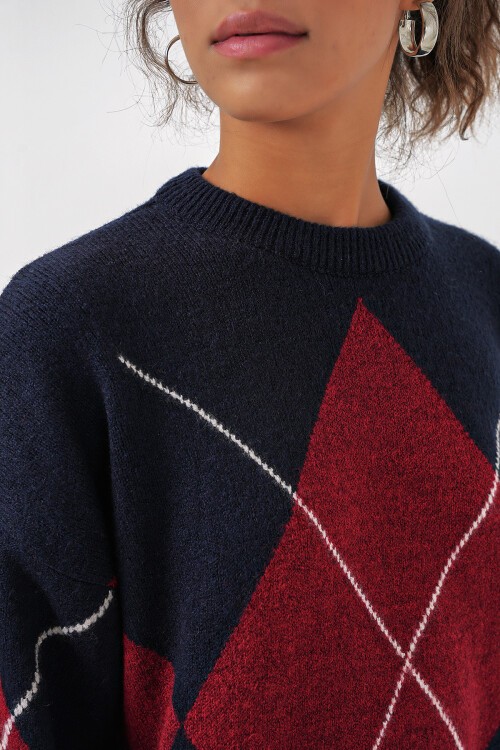 15895 Baklava Desenli Oversize Triko Kazak - B.Lacivert