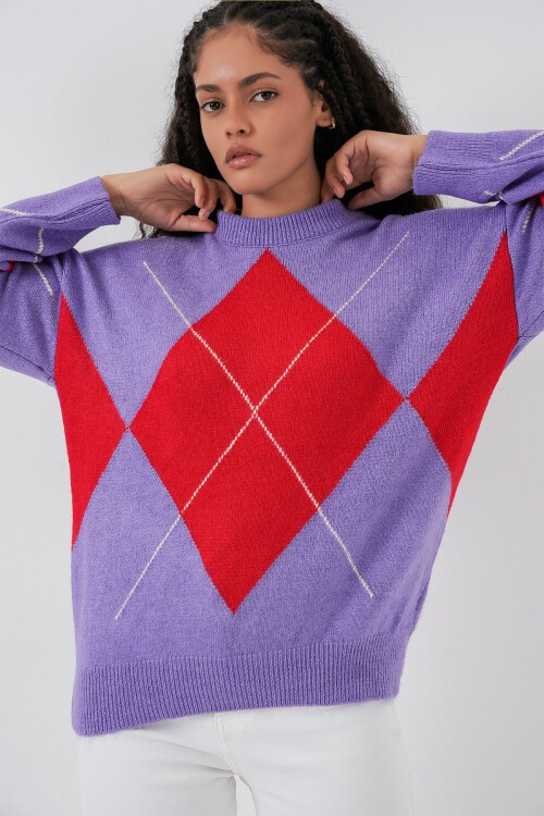 15895 Baklava Desenli Oversize Triko Kazak - B.Lila