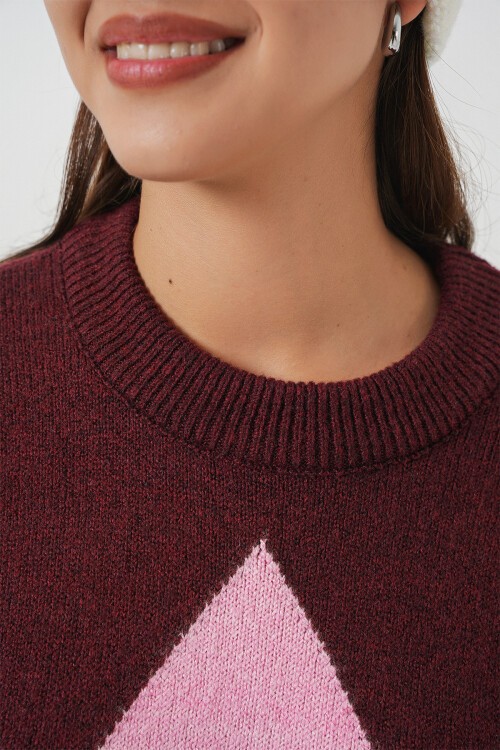 15895 Baklava Desenli Oversize Triko Kazak - Bordo