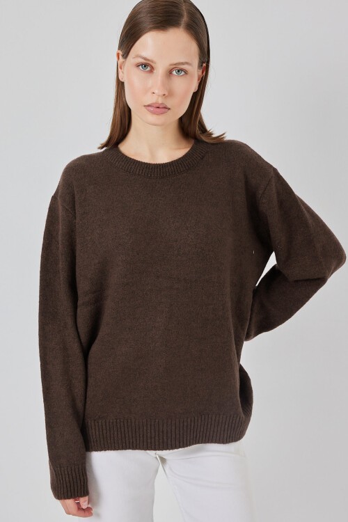 15895 Baklava Desenli Oversize Triko Kazak - C. Kahverengi