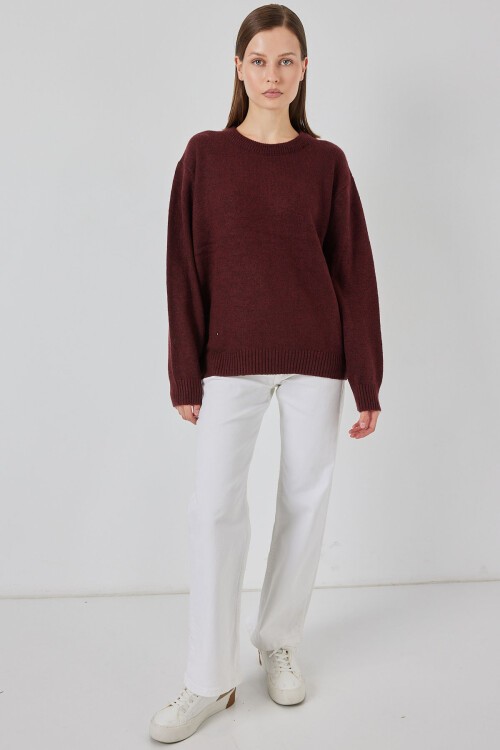 15895 Baklava Desenli Oversize Triko Kazak - D. Bordo