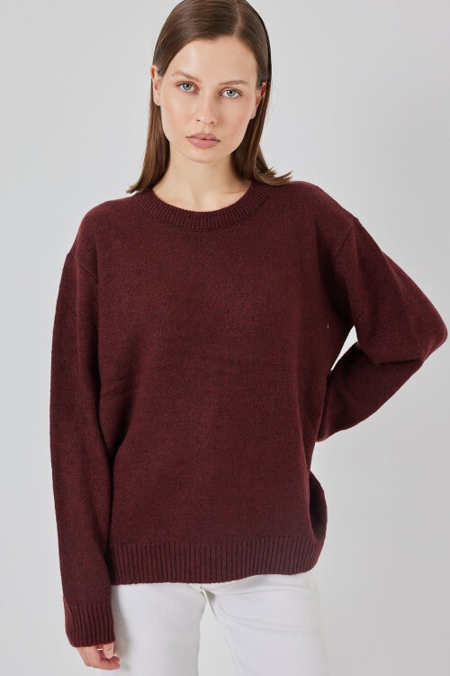 15895 Baklava Desenli Oversize Triko Kazak - D. Bordo