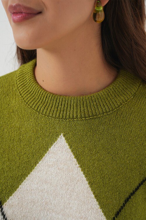 15895 Baklava Desenli Oversize Triko Kazak - E.Yeşil