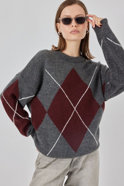 15895 Baklava Desenli Oversize Triko Kazak - K. Antrasit