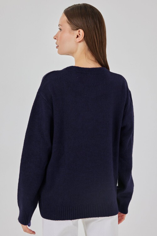 15895 Baklava Desenli Oversize Triko Kazak - K. Lacivert