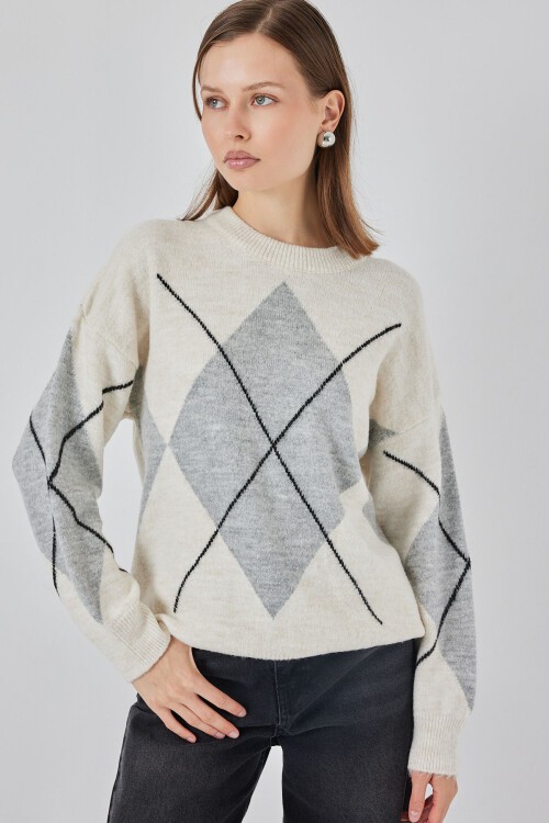 15895 Baklava Desenli Oversize Triko Kazak - M. Krem