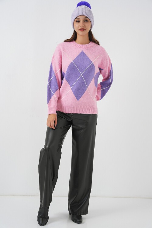 15895 Baklava Desenli Oversize Triko Kazak - Pembe