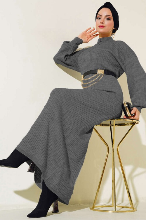 15900 Boydan Tesettür Triko Elbise - Antrasit