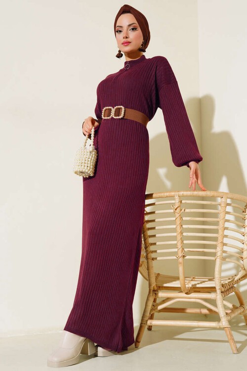 15900 Boydan Tesettür Triko Elbise - Y.Bordo