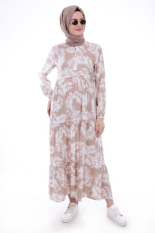 1627 Yaka Bağcıklı Tesettür Elbise - Bej