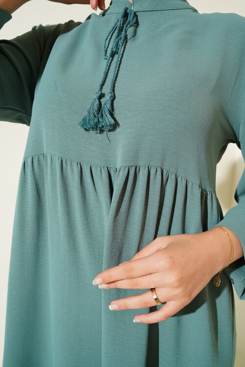 1627 Yaka Bağcıklı Tesettür Elbise - D. Mint