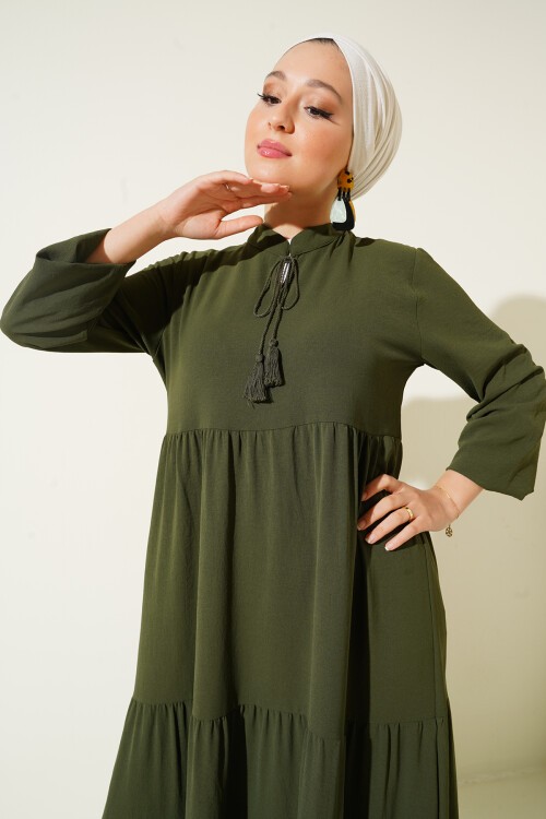 1627 Yaka Bağcıklı Tesettür Elbise - Haki
