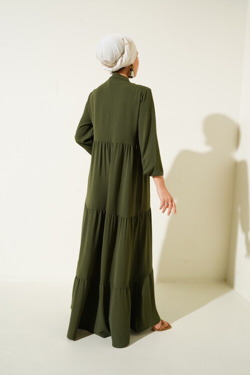 1627 Yaka Bağcıklı Tesettür Elbise - Haki