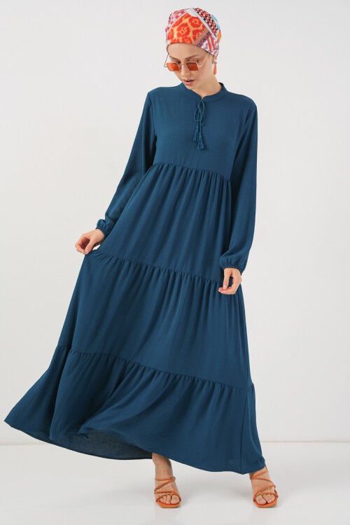 1627 Yaka Bağcıklı Tesettür Elbise - Petrol