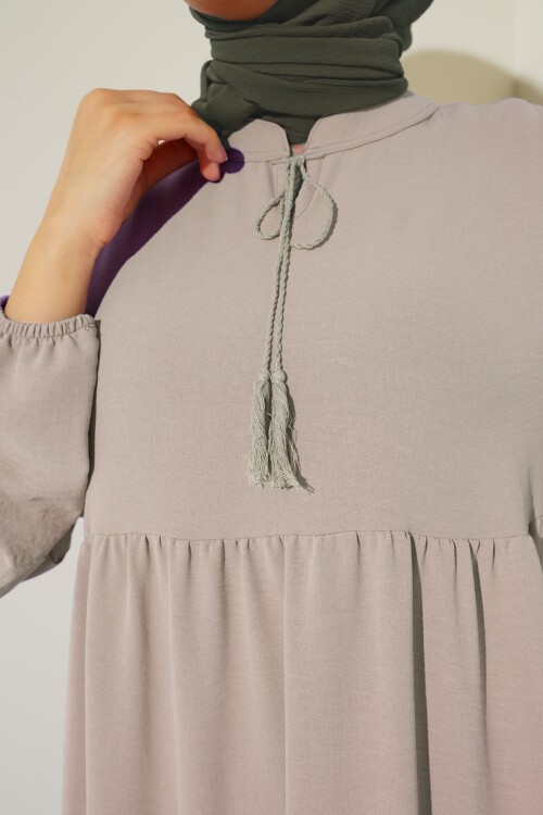 1627 Yaka Bağcıklı Tesettür Elbise - Taş