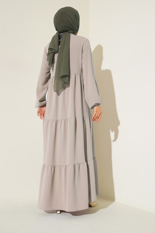 1627 Yaka Bağcıklı Tesettür Elbise - Taş