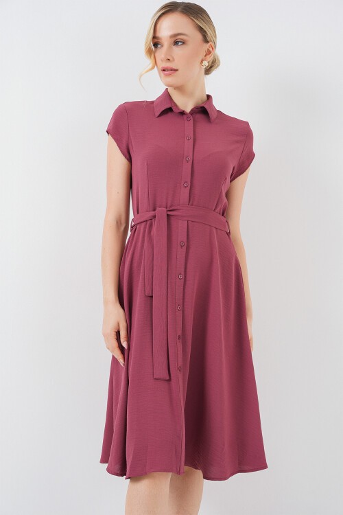 1677 Boydan Düğmeli Kuşaklı Elbise - Gül Kurusu