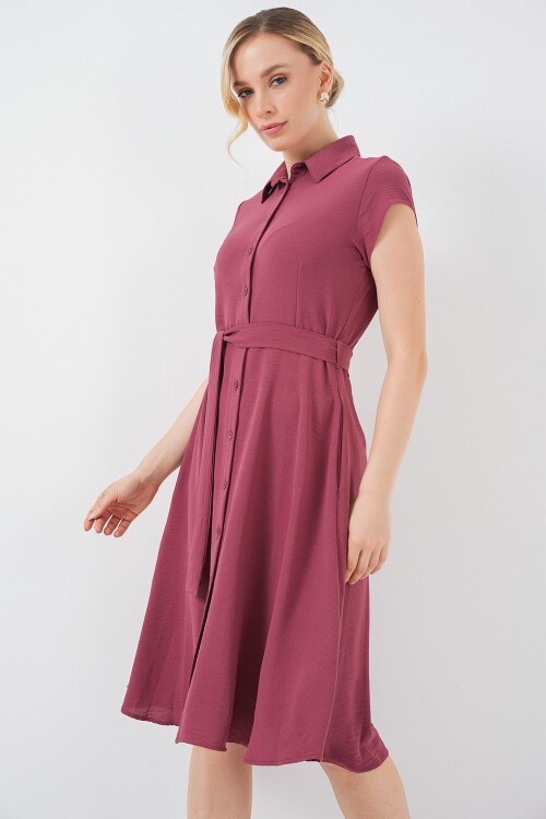 1677 Boydan Düğmeli Kuşaklı Elbise - Gül Kurusu