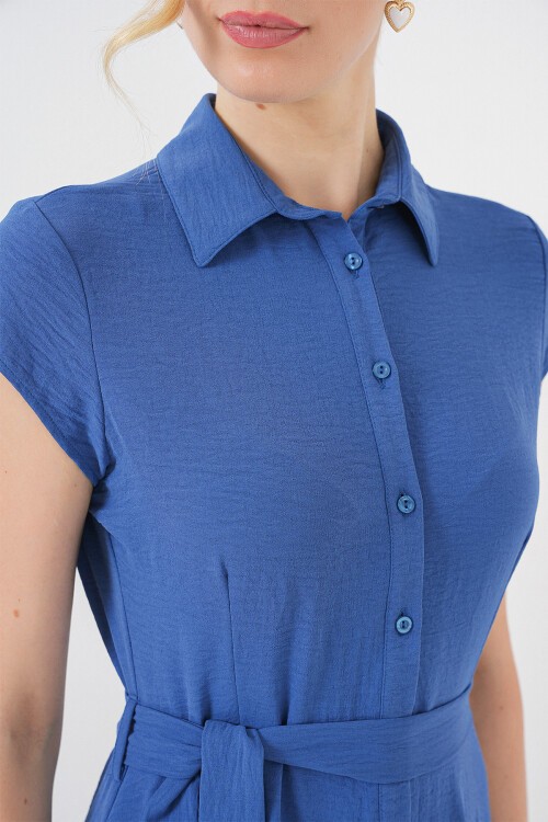 1677 Boydan Düğmeli Kuşaklı Elbise - İndigo