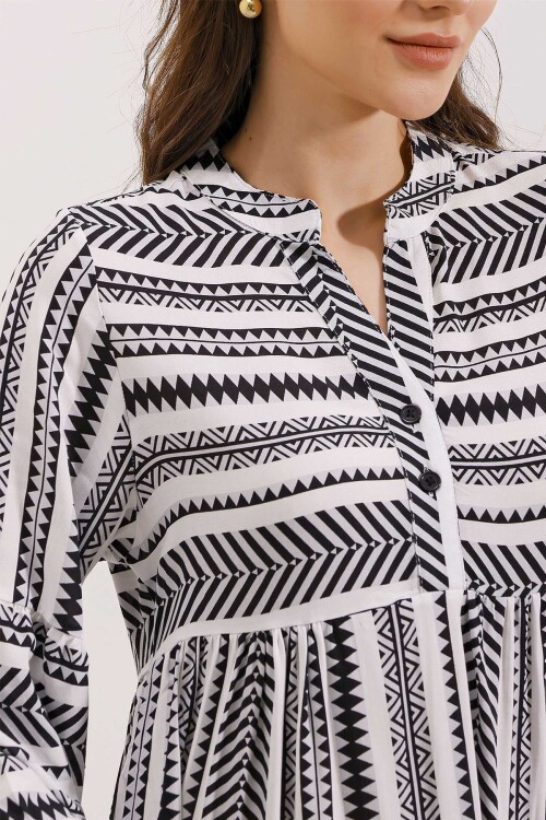 1975 ETNİK DESEN ELBİSE - Siyah