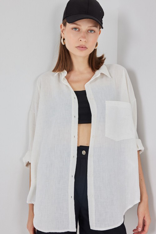 20153 Tek Cepli Oversize Keten Gömlek - Ekru