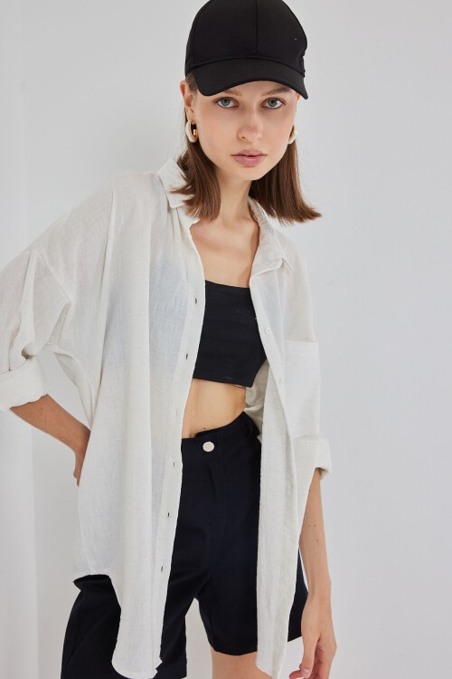 20153 Tek Cepli Oversize Keten Gömlek - Ekru