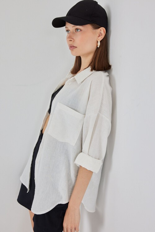 20153 Tek Cepli Oversize Keten Gömlek - Ekru