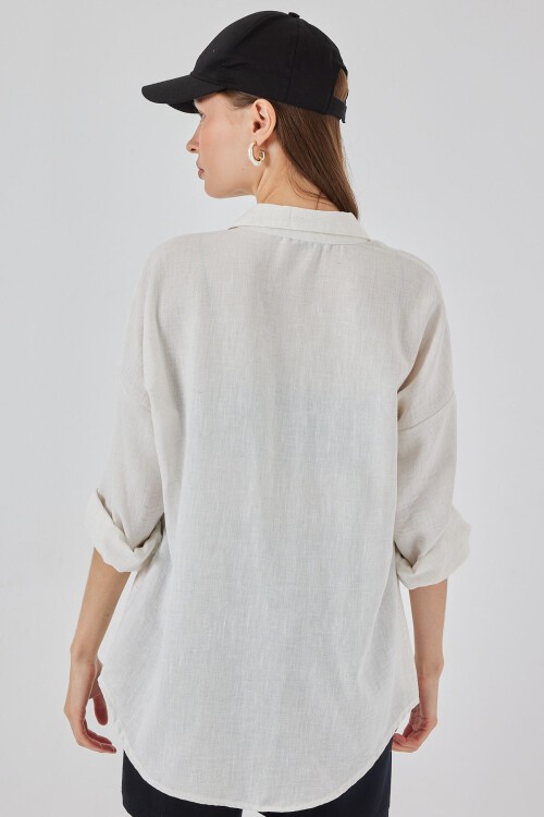 20153 Tek Cepli Oversize Keten Gömlek - Ekru