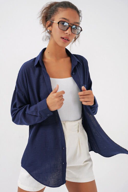 20153 Tek Cepli Oversize Keten Gömlek - F.Lacivert